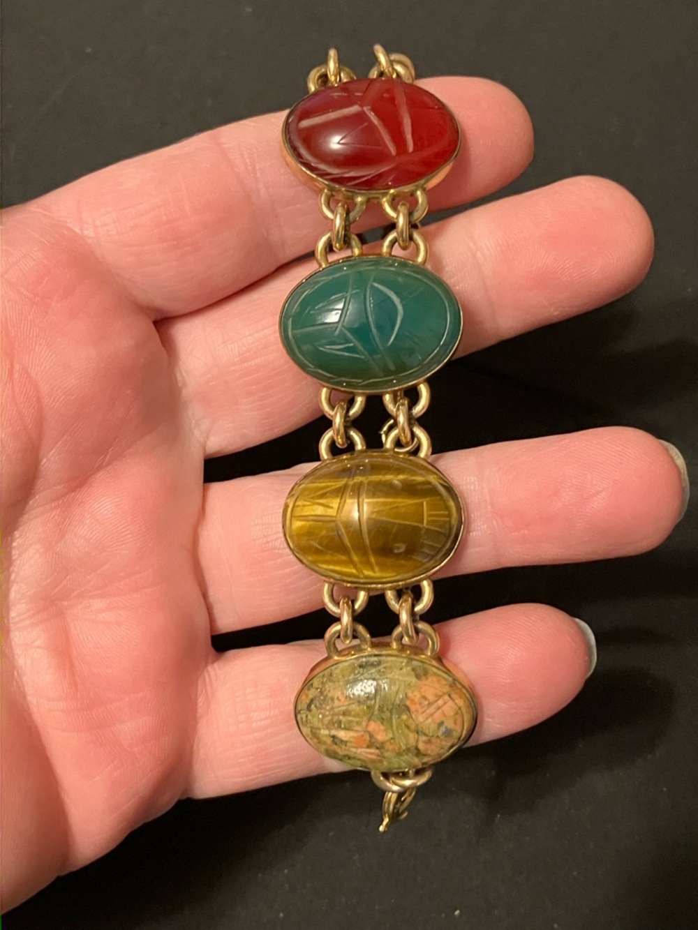 Vintage 12K GF LARGE Scarab Gemstone Bracelet Egyptian Revival w Safety Chain